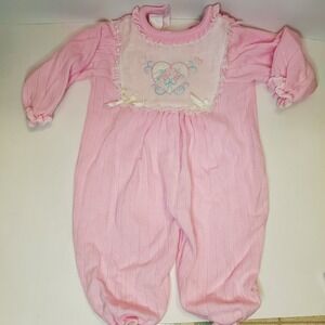 Vintage Baby Girl Pink Romper Long Sleeve Embroidered Bib Ruffle 12‎ Month